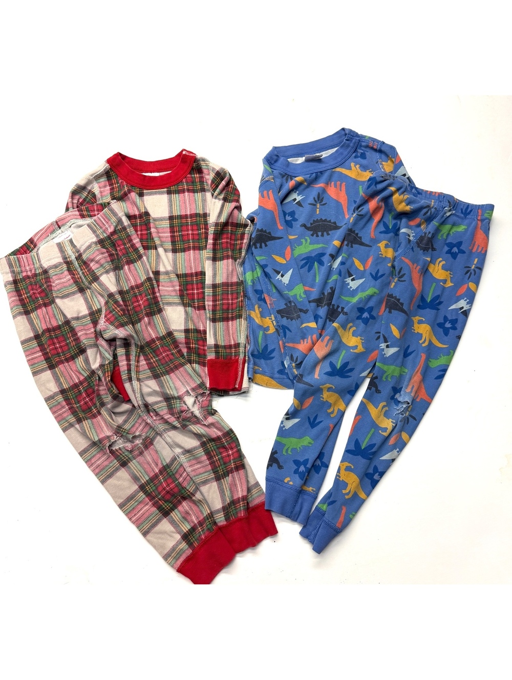 Hanna Andersson Blue Dinosaur and Red Plaid Pajamas PLAY / POOR Condition